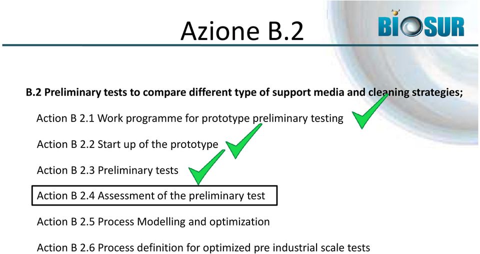 1 Work programme for prototype preliminary testing Action B 2.2 Start up of the prototype Action B 2.