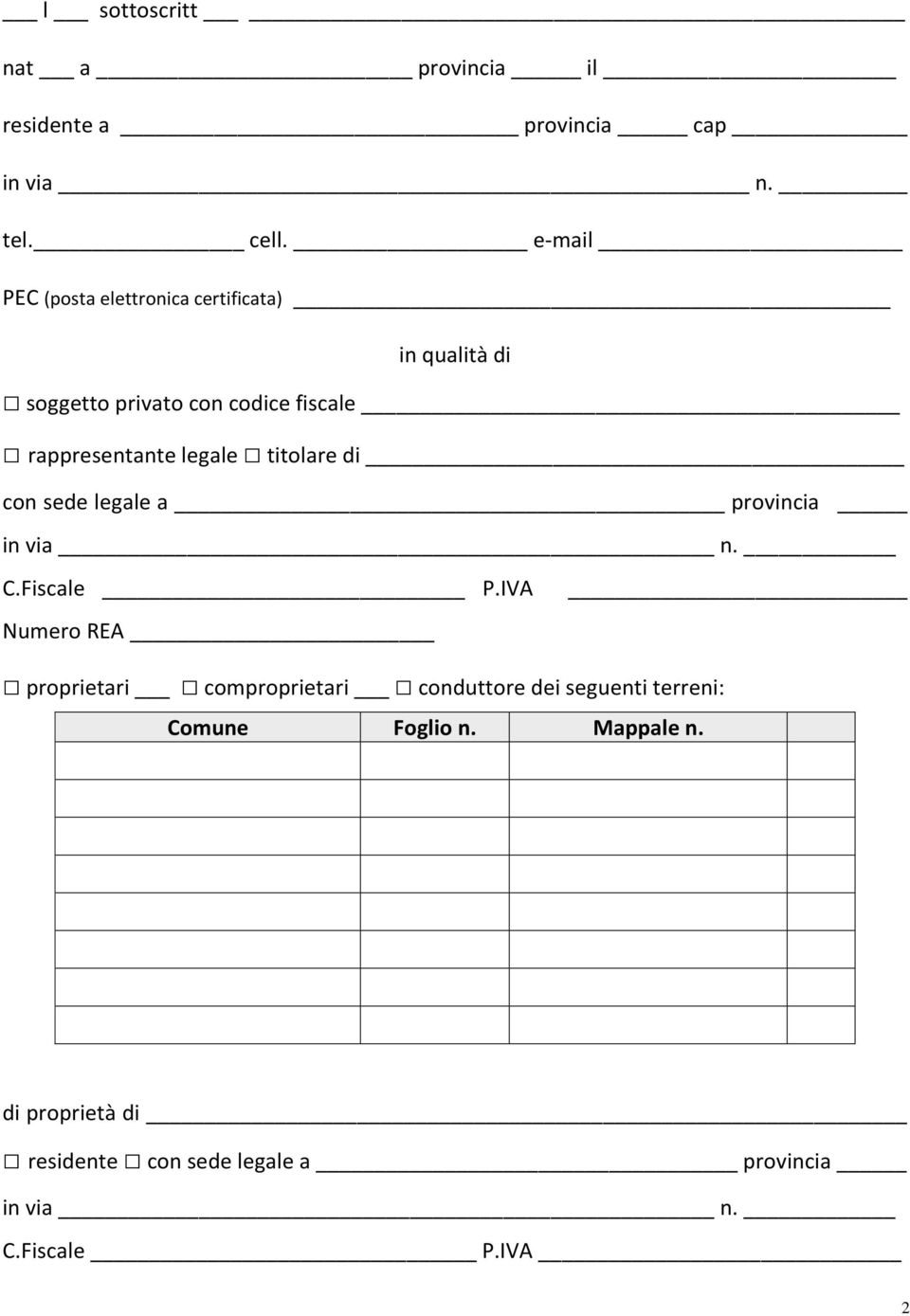 legale titolare di con sede legale a provincia in via n. C.Fiscale P.