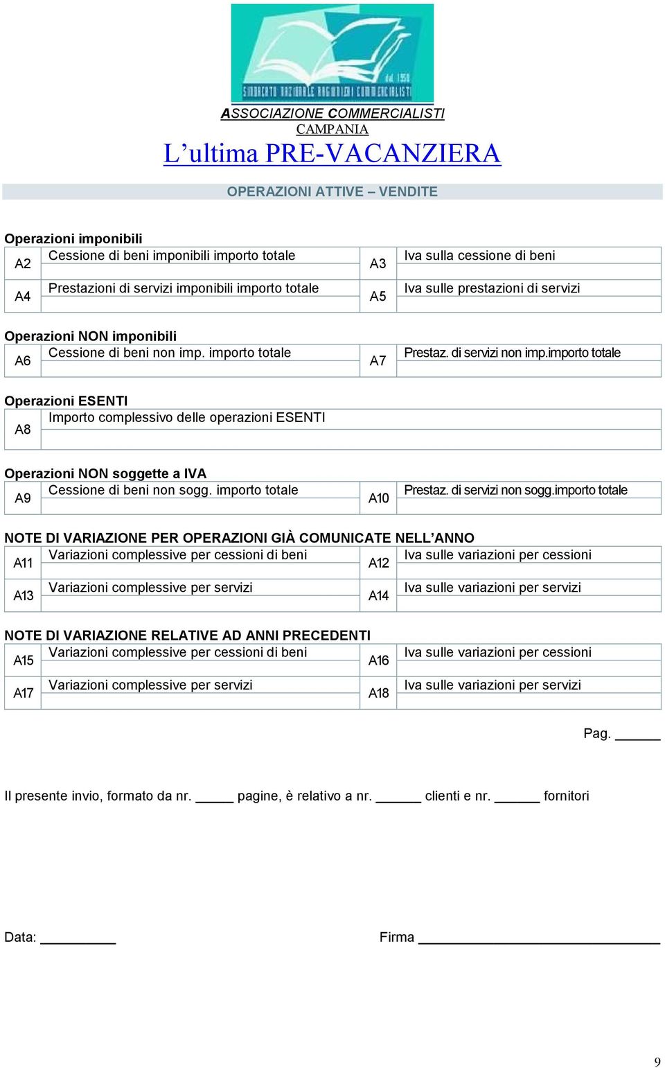 importo totale Operazioni ESENTI Importo complessivo delle operazioni ESENTI A8 Operazioni NON soggette a IVA Cessione di beni non sogg. importo totale A9 A10 Prestaz. di servizi non sogg.