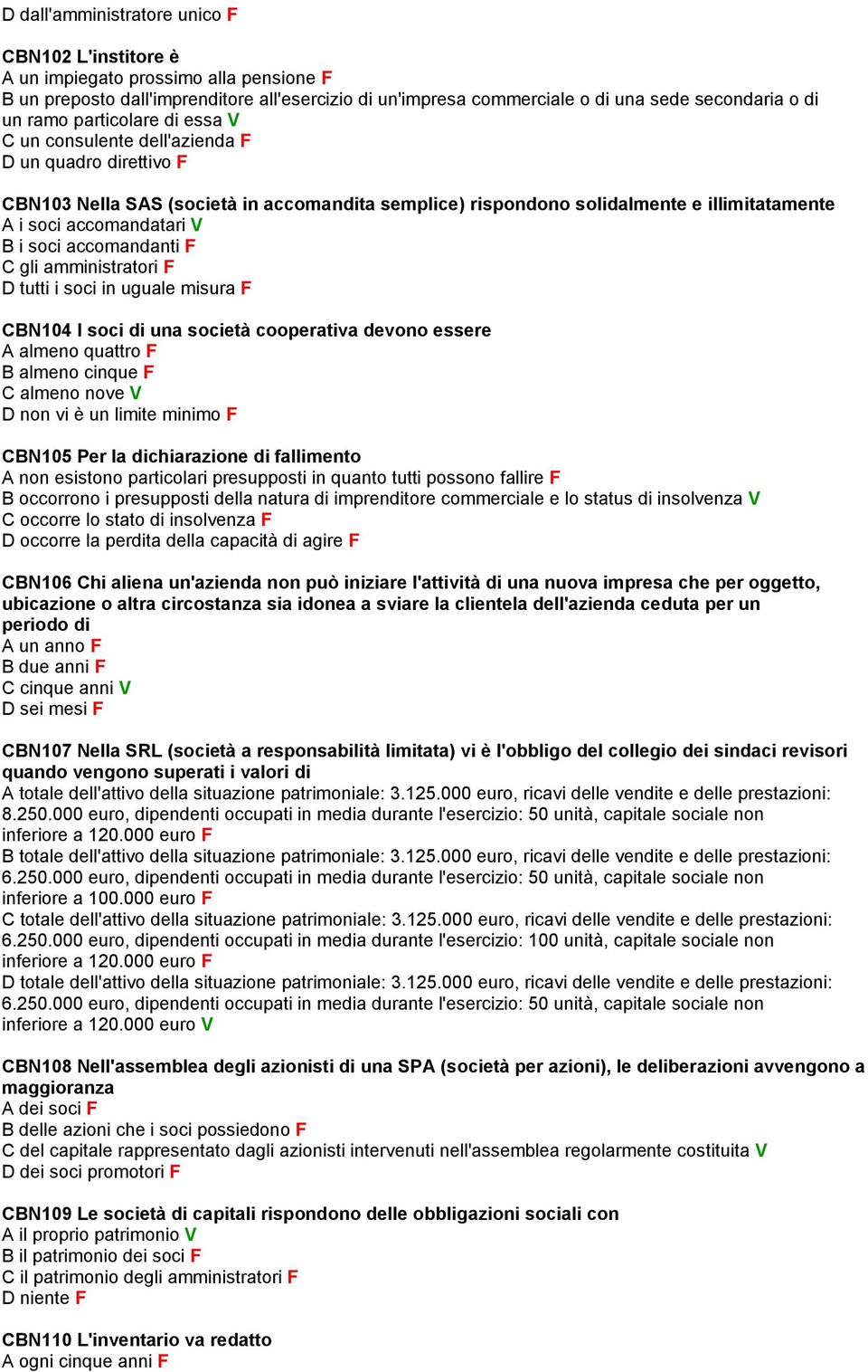 B i soci accomandanti F C gli amministratori F D tutti i soci in uguale misura F CBN104 I soci di una società cooperativa devono essere A almeno quattro F B almeno cinque F C almeno nove V D non vi è