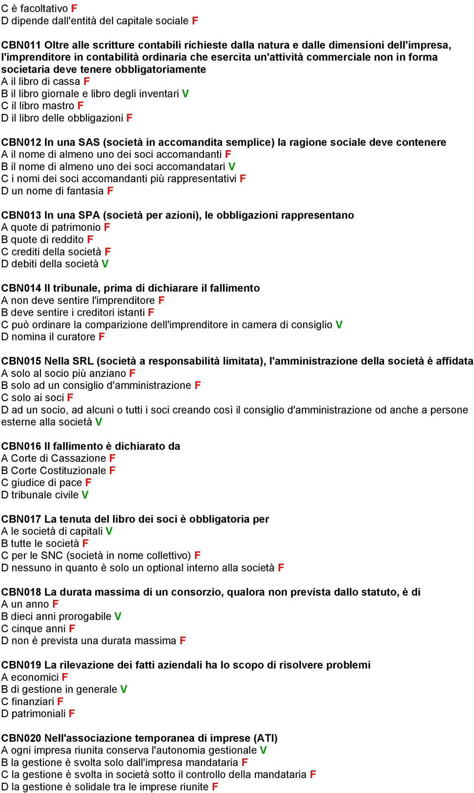 obbligazioni F CBN012 In una SAS (società in accomandita semplice) la ragione sociale deve contenere A il nome di almeno uno dei soci accomandanti F B il nome di almeno uno dei soci accomandatari V C