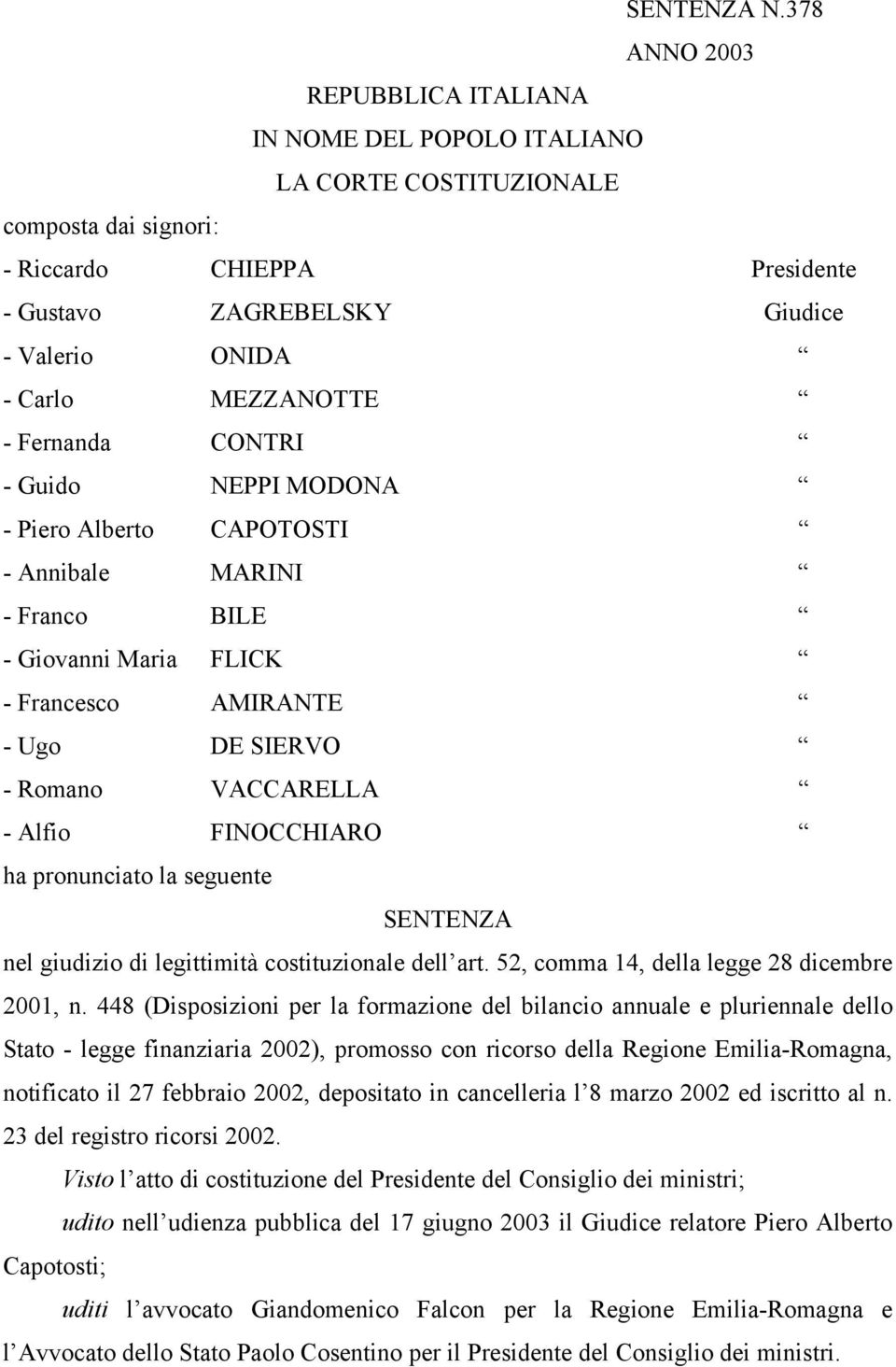 MEZZANOTTE - Fernanda CONTRI - Guido NEPPI MODONA - Piero Alberto CAPOTOSTI - Annibale MARINI - Franco BILE - Giovanni Maria FLICK - Francesco AMIRANTE - Ugo DE SIERVO - Romano VACCARELLA - Alfio