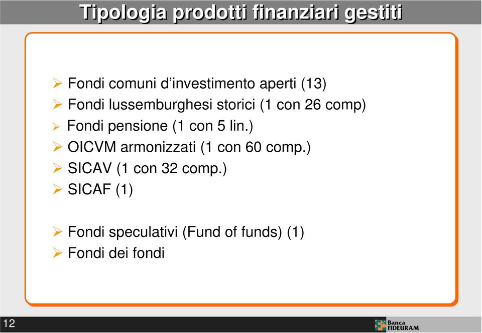 pensione (1 con 5 lin.) OICVM armonizzati (1 con 60 comp.