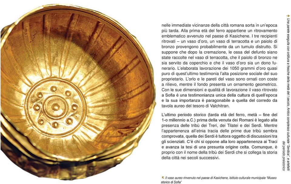 Si suppone che dopo la cremazione, le ossa del defunto siano state raccolte nel vaso di terracotta, che il paiolo di bronzo ne sia servito da coperchio e che il vaso d oro sia un dono funerario.