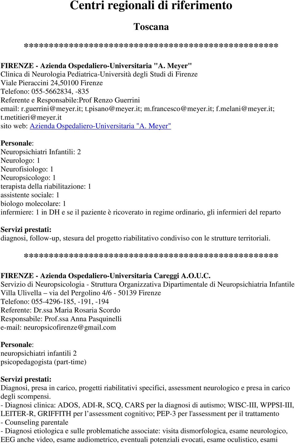 guerrini@meyer.it; t.pisano@meyer.it; m.francesco@meyer.it; f.melani@meyer.it; t.metitieri@meyer.it sito web: Azienda Ospedaliero-Universitaria "A.