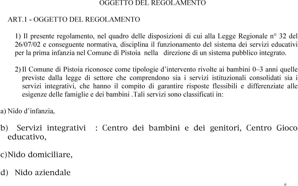 2) Il Comune di Pistoia riconosce come tipologie d intervento rivolte ai bambini 0 3 anni quelle previste dalla legge di settore che comprendono sia i servizi istituzionali consolidati sia i servizi