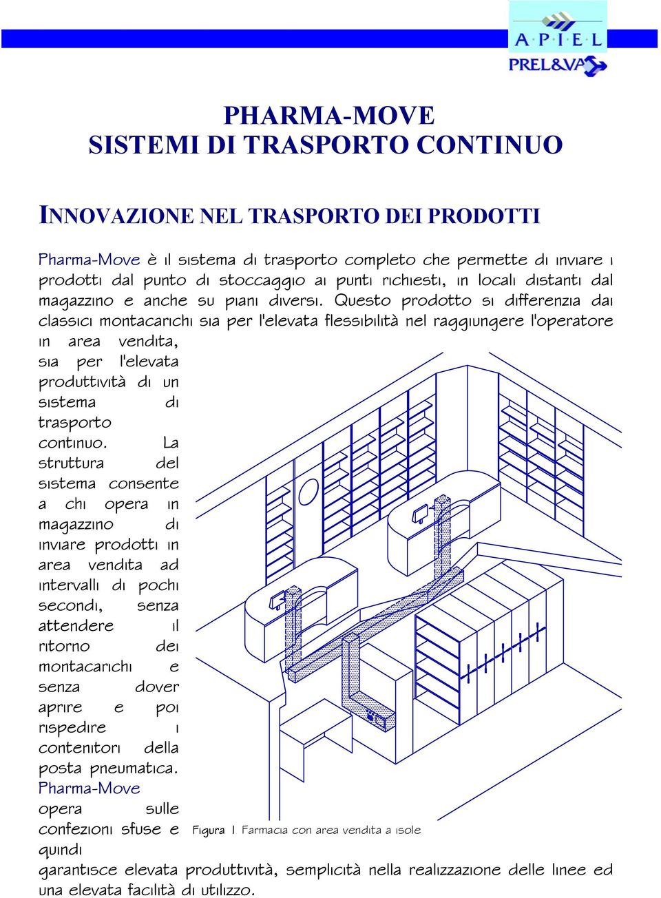 Questo prodotto si differenzia dai classici montacarichi sia per l'elevata flessibilità nel raggiungere l'operatore in area vendita, sia per l'elevata produttività di un sistema di trasporto continuo.