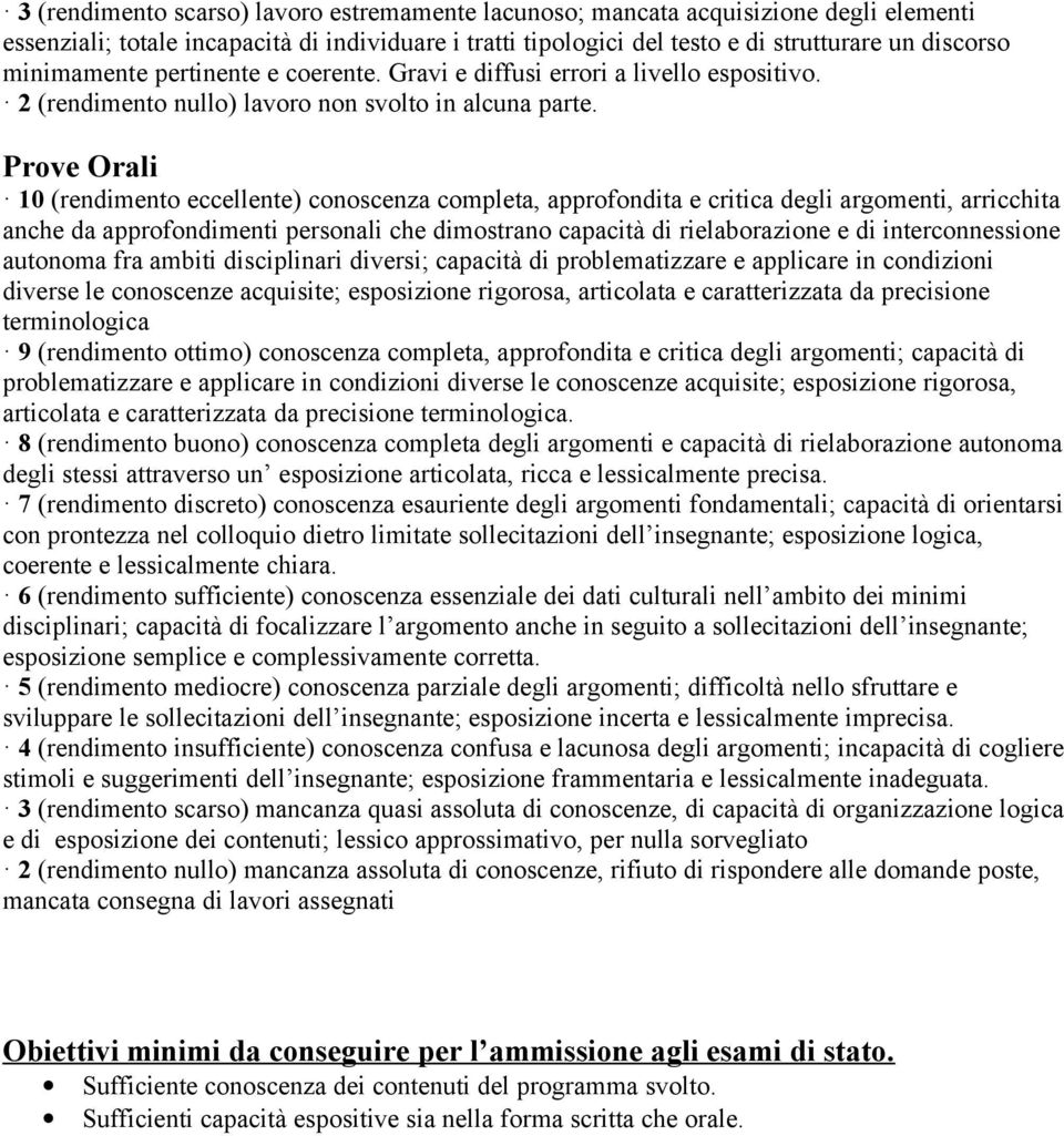 Prove Orali 10 (rendimento eccellente) conoscenza completa, approfondita e critica degli argomenti, arricchita anche da approfondimenti personali che dimostrano capacità di rielaborazione e di