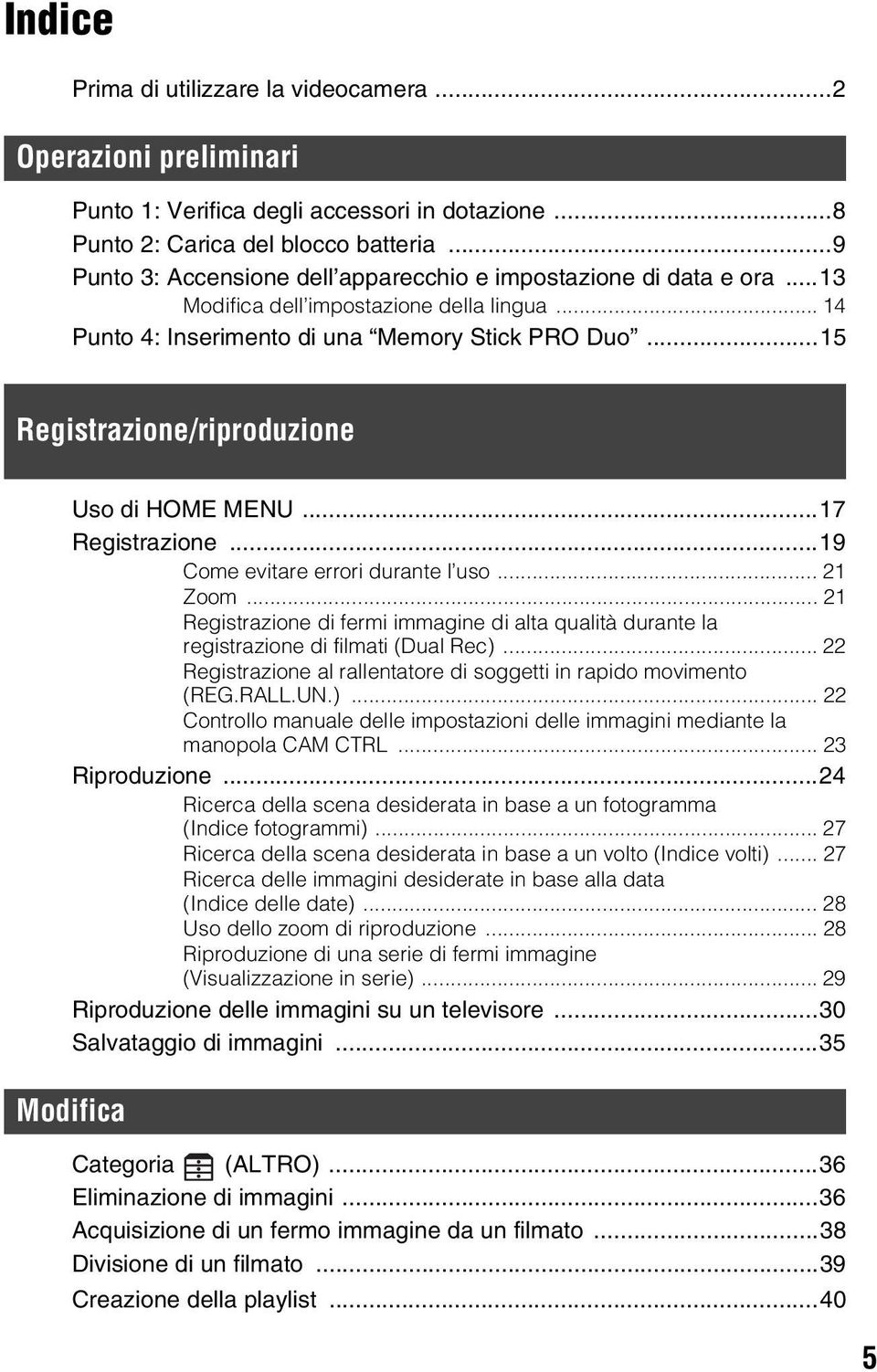 ..15 Registrazione/riproduzione Uso di HOME MENU...17 Registrazione...19 Come evitare errori durante l uso... 21 Zoom.