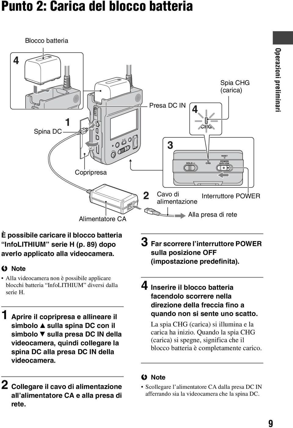 1 Aprire il copripresa e allineare il simbolo v sulla spina DC con il simbolo V sulla presa DC IN della videocamera, quindi collegare la spina DC alla presa DC IN della videocamera.