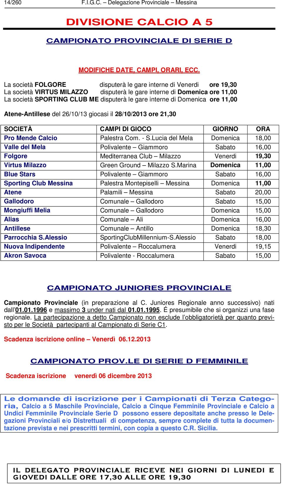 Domenica ore 11,00 Atene-Antillese del 26/10/13 giocasi il 28/10/2013 ore 21,30 SOCIETÀ CAMPI DI GIOCO GIORNO ORA Pro Mende Calcio Palestra Com. - S.