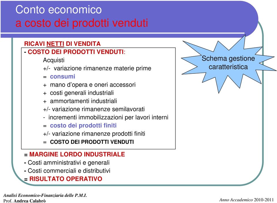 incrementi immobilizzazioni per lavori interni = costo dei prodotti finiti +/- variazione rimanenze prodotti finiti = COSTO DEI PRODOTTI VENDUTI