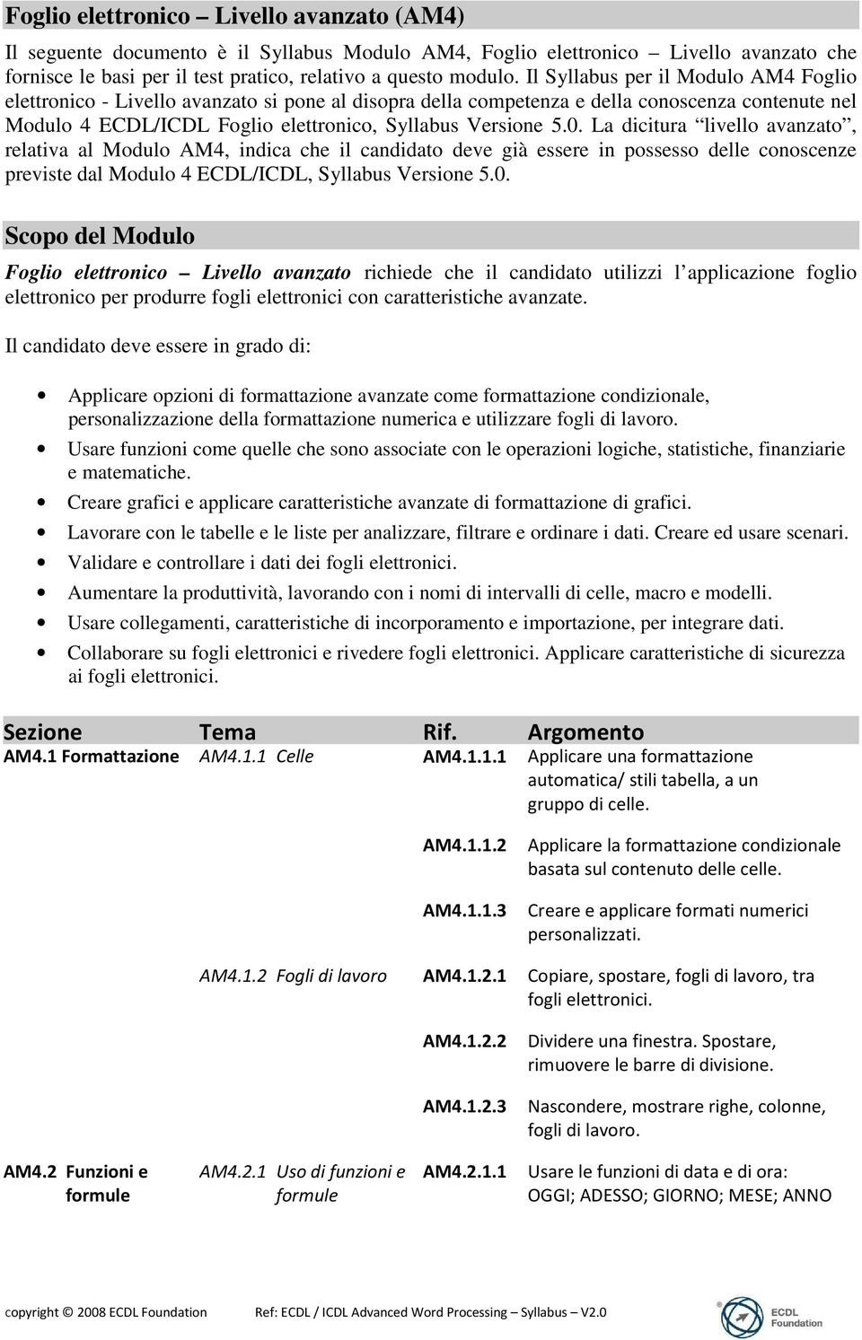 La dicitura livello avanzato, relativa al Modulo AM4, indica che il candidato deve già essere in possesso delle conoscenze previste dal Modulo 4 ECDL/ICDL, Syllabus Versione 5.0.