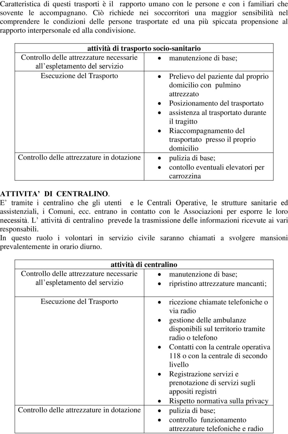 attività di trasporto socio-sanitario Controllo delle attrezzature necessarie manutenzione di base; all espletamento del servizio Esecuzione del Trasporto Prelievo del paziente dal proprio domicilio