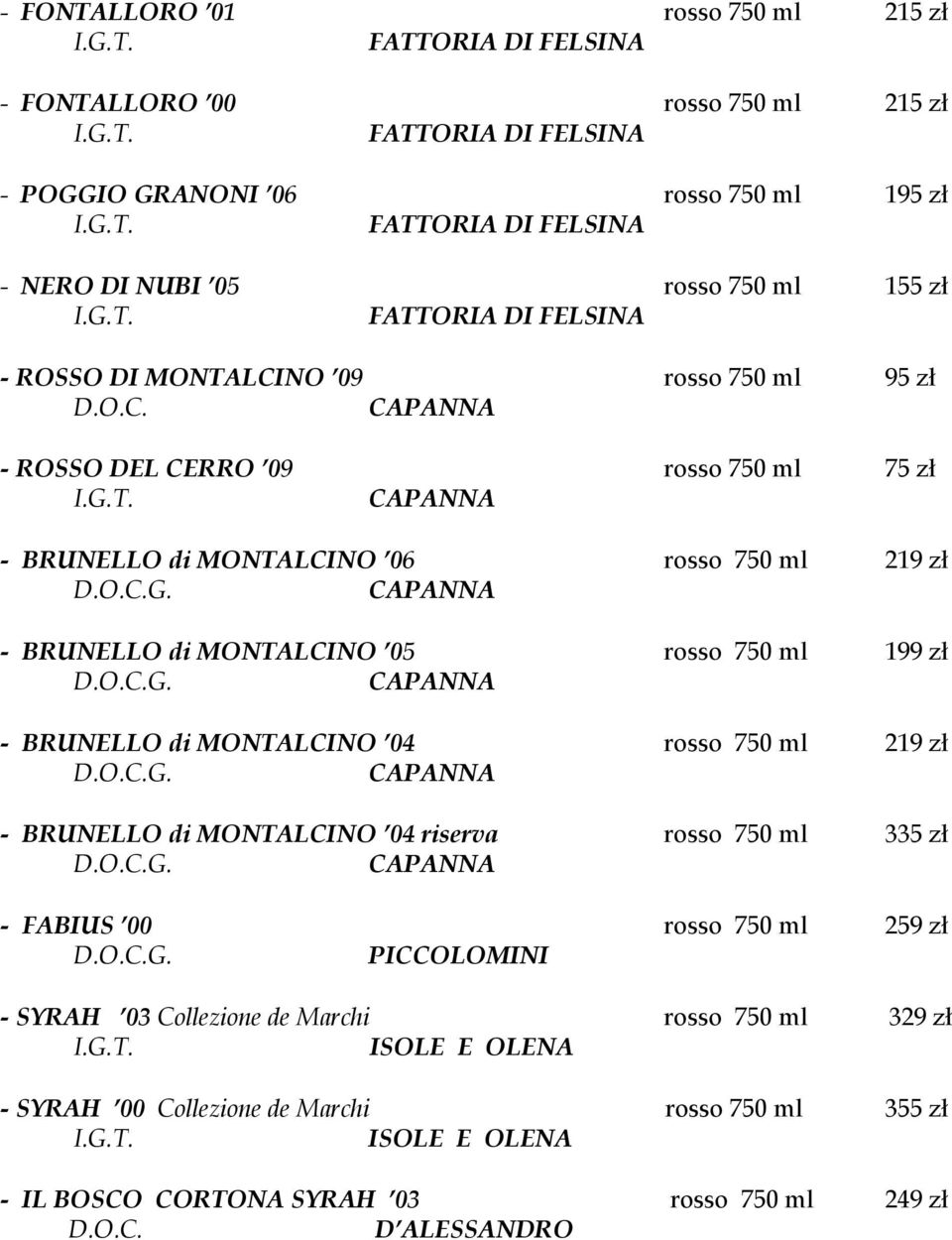 CAPANNA - BRUNELLO di MONTALCINO 04 rosso 750 ml 219 zł G. CAPANNA - BRUNELLO di MONTALCINO 04 riserva rosso 750 ml 335 zł G. CAPANNA - FABIUS 00 rosso 750 ml 259 zł G.