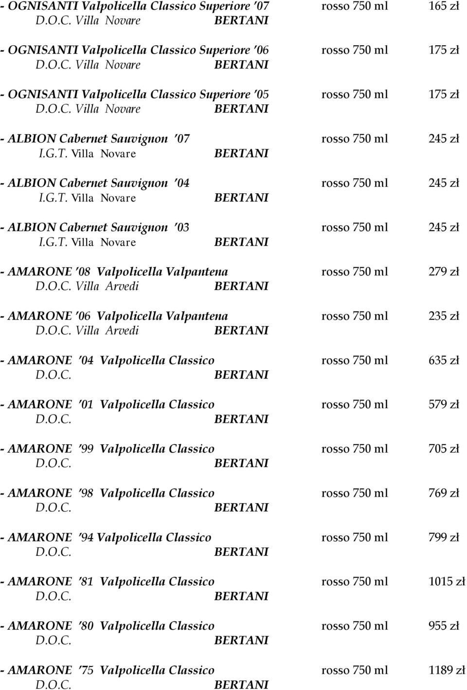 Sauvignon 03 rosso 750 ml 245 zł Villa Novare - AMARONE 08 Valpolicella Valpantena rosso 750 ml 279 zł Villa Arvedi - AMARONE 06 Valpolicella Valpantena rosso 750 ml 235 zł Villa Arvedi - AMARONE 04