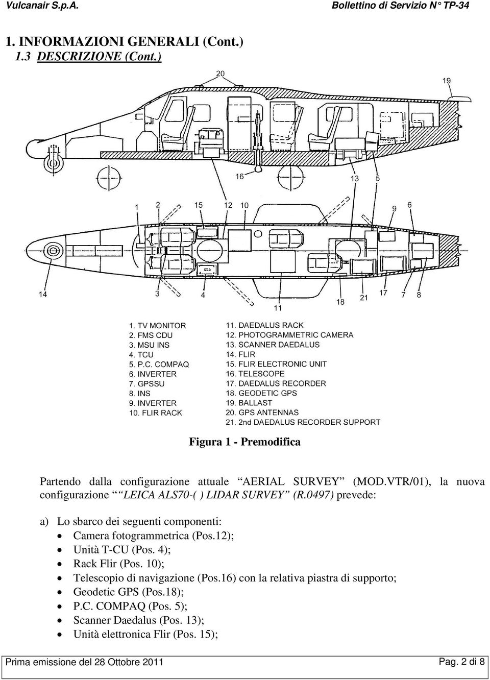 0497) prevede: a) Lo sbarco dei seguenti componenti: Camera fotogrammetrica (Pos.12); Unità T-CU (Pos. 4); Rack Flir (Pos.