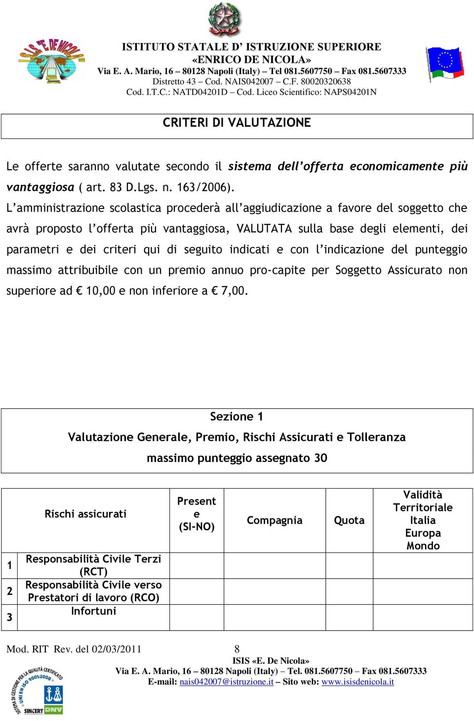 seguito indicati e con l indicazione del punteggio massimo attribuibile con un premio annuo pro-capite per Soggetto Assicurato non superiore ad 10,00 e non inferiore a 7,00.