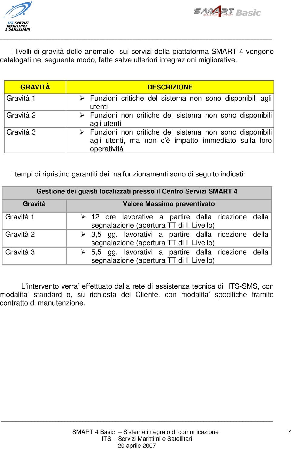 critiche del sistema non sono disponibili agli utenti, ma non c è impatto immediato sulla loro operatività I tempi di ripristino garantiti dei malfunzionamenti sono di seguito indicati: Gestione dei