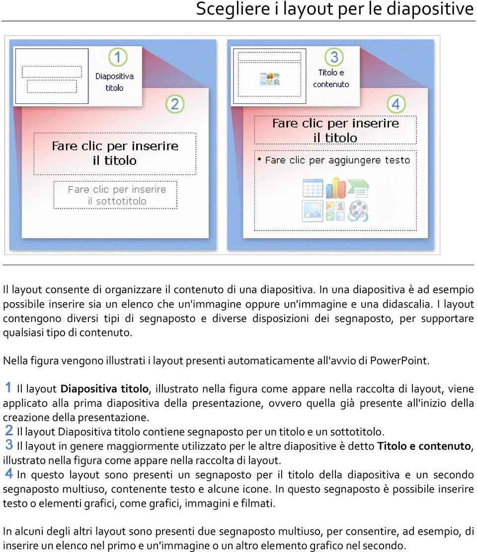 I layout contengono diversi tipi di segnaposto e diverse disposizioni dei segnaposto, per supportare qualsiasi tipo di contenuto.