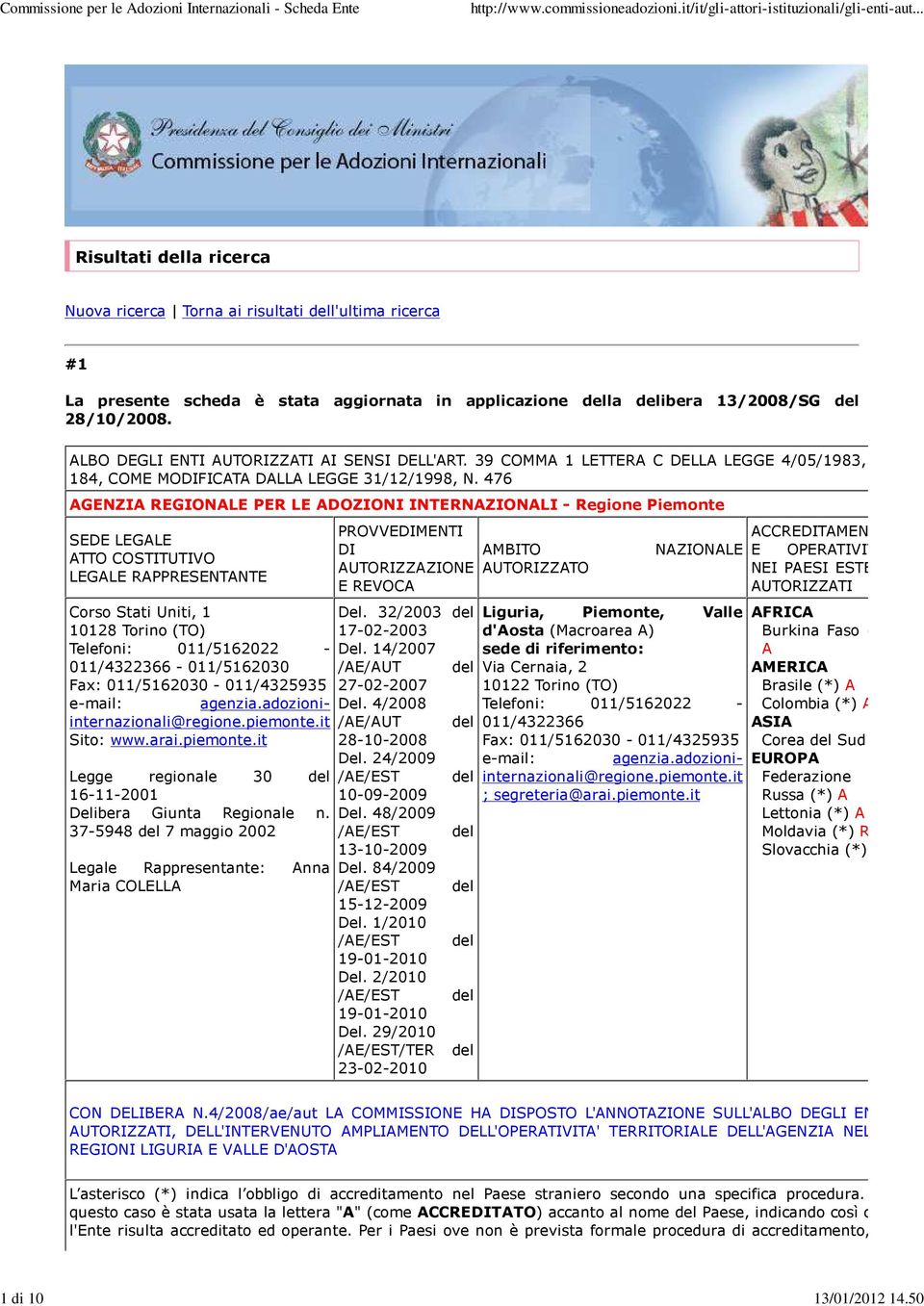 011/5162030-011/4325935 agenzia.adozioniinternazionali@regione.piemonte.it Sito: www.arai.piemonte.it Legge regionale 30 del 16-11-2001 Delibera Giunta Regionale n.