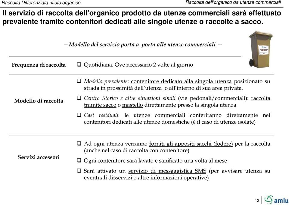 Ove necessario 2 volte al giorno Modello prevalente: contenitore dedicato alla singola utenza posizionato su strada in prossimità dell utenza o all interno di sua area privata.