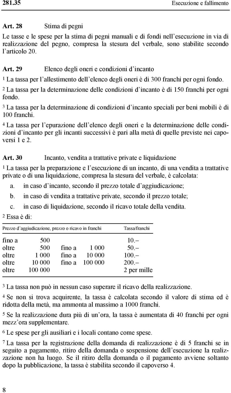 Art. 29 Elenco degli oneri e condizioni d incanto 1 La tassa per l allestimento dell elenco degli oneri è di 300 franchi per ogni fondo.