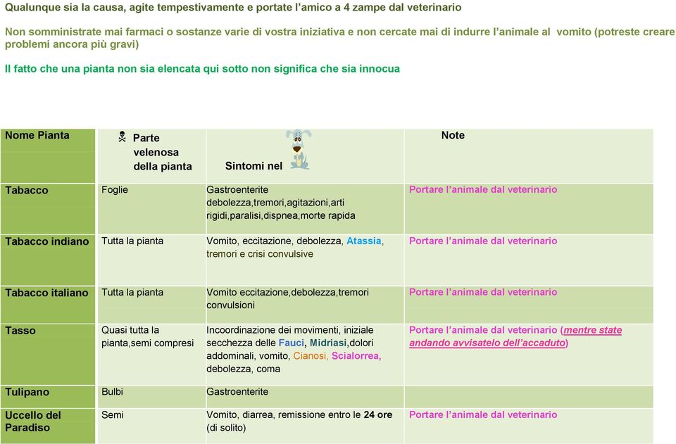 pianta,semi compresi Incoordinazione dei movimenti, iniziale secchezza delle Fauci, Midriasi,dolori addominali, vomito, Cianosi, Scialorrea, debolezza,