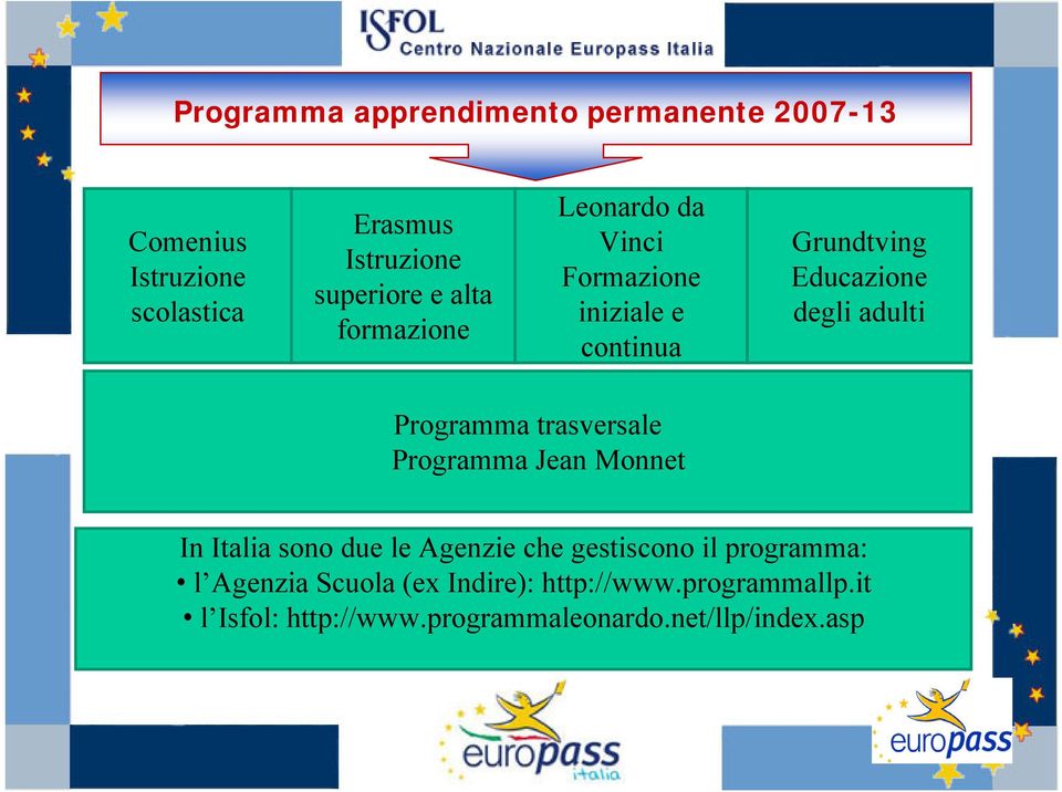 Programma trasversale Programma Jean Monnet In Italia sono due le Agenzie che gestiscono il programma: l