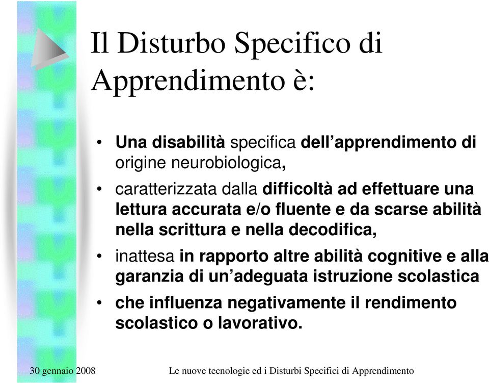 scarse abilità nella scrittura e nella decodifica, inattesa in rapporto altre abilità cognitive e alla