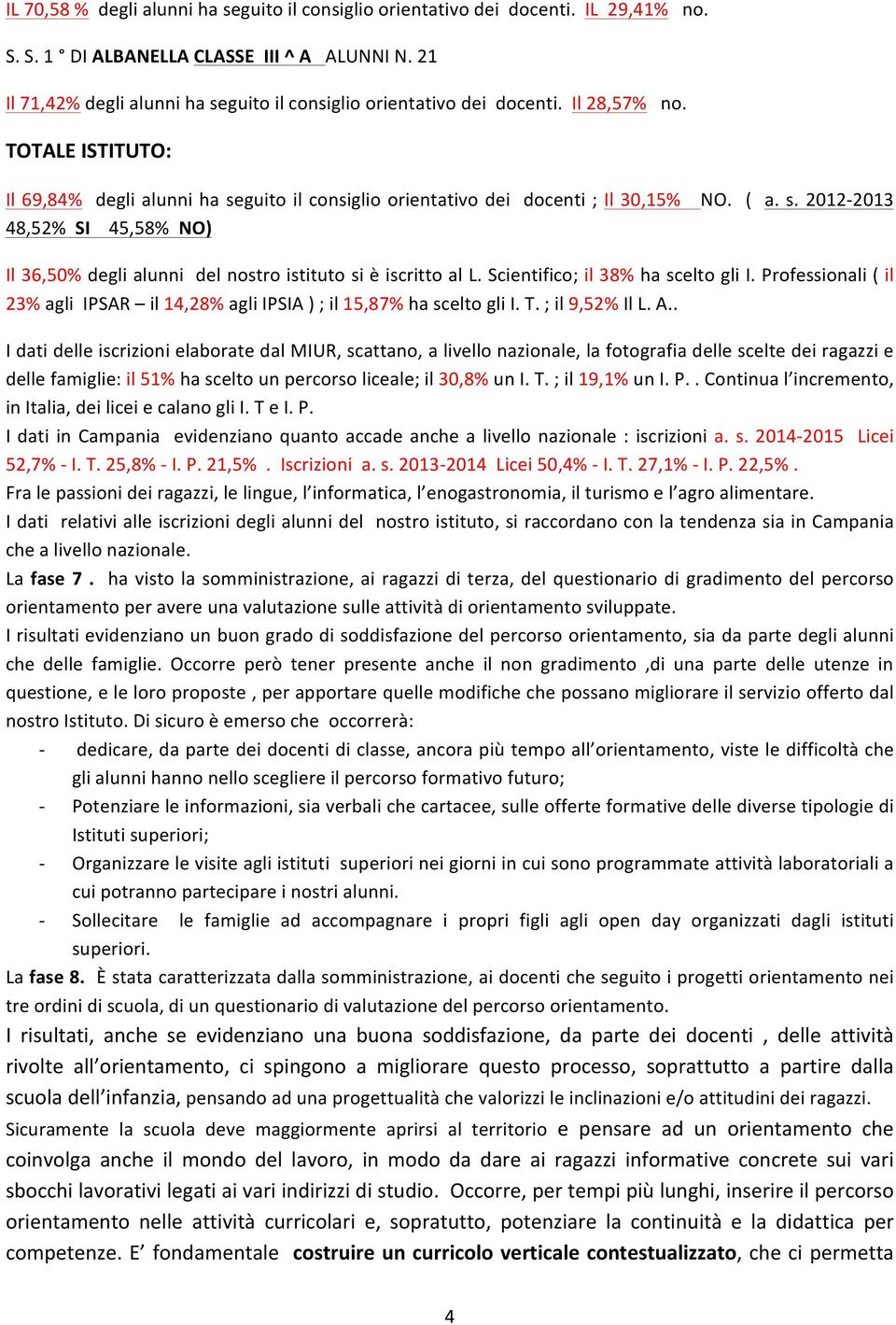 TOTALE ISTITUTO: Il 69,84% degli alunni ha seguito il consiglio orientativo dei docenti ; Il 30,15% 48,52% SI 45,58% NO) NO. ( a. s. 2012-2013 Il 36,50% degli alunni del nostro istituto si è iscritto al L.