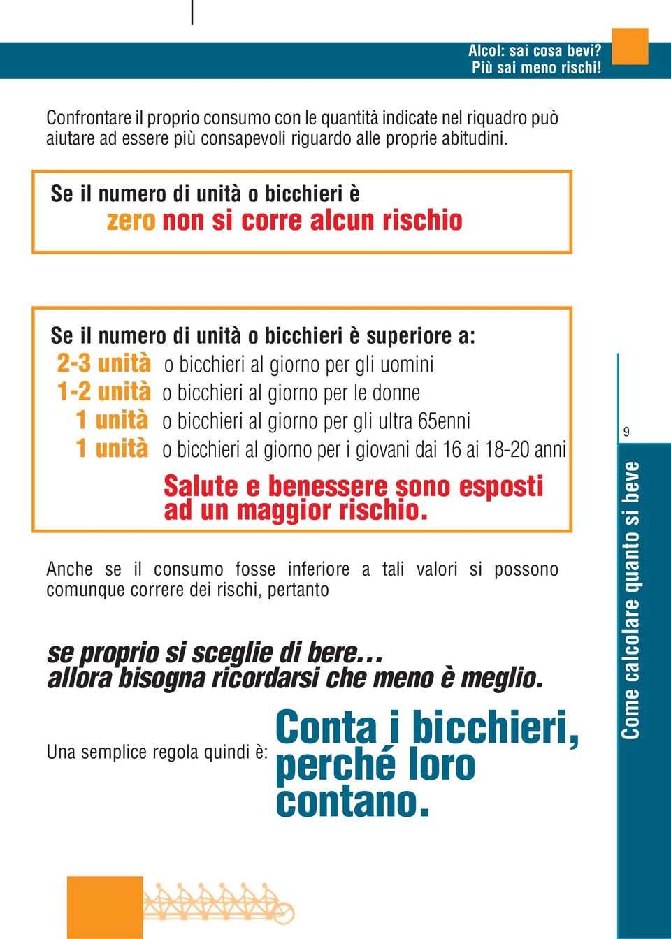 per le donne 1 unità o bicchieri al giorno per gli ultra 65enni 1 unità o bicchieri al giorno per i giovani dai 16 ai 18-20 anni Salute e benessere sono esposti ad un maggior rischio.