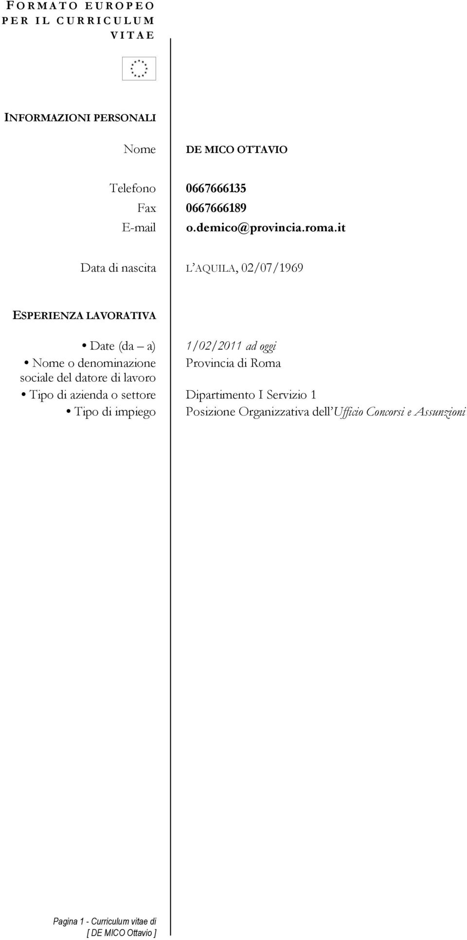 it Data di nascita L AQUILA, 02/07/1969 ESPERIENZA LAVORATIVA Date (da a) 1/02/2011 ad oggi Nome o denominazione