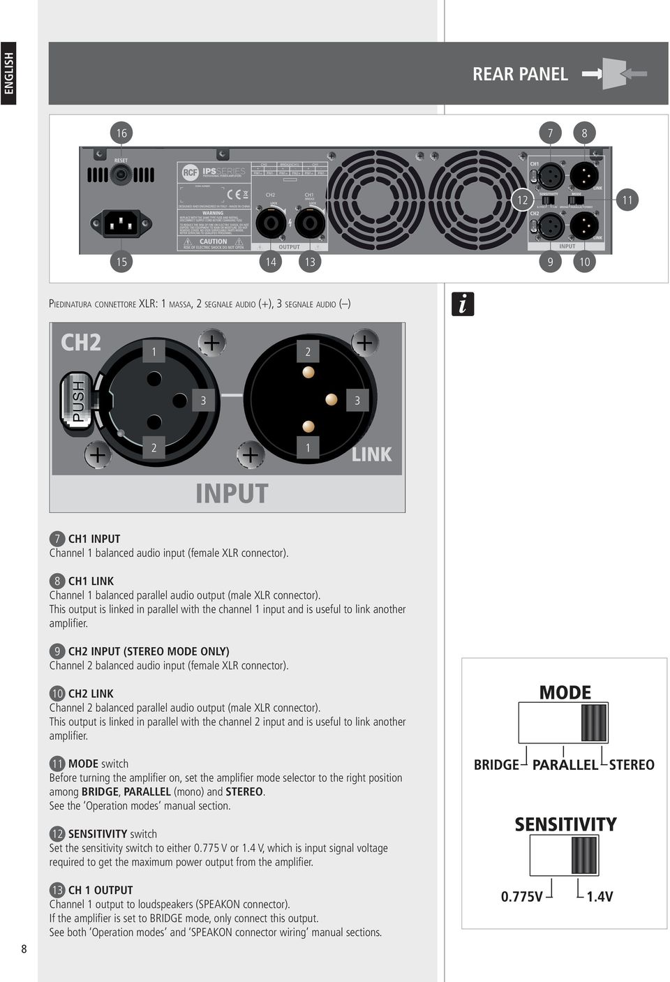 9 CH2 INPUT (STEREO MODE ONLY) Channel 2 balanced audio input (female XLR connector). 10 CH2 LINK Channel 2 balanced parallel audio output (male XLR connector).
