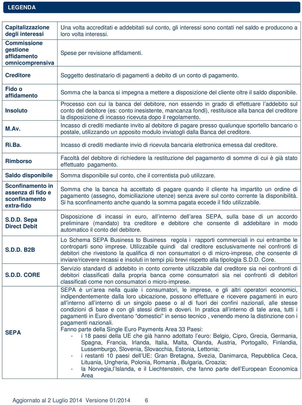 D. Sepa Direct Debit S.D.D. B2B S.D.D. CORE SEPA Una volta accreditati e addebitati sul conto, gli interessi sono contati nel saldo e producono a loro volta interessi. Spese per revisione affidamenti.