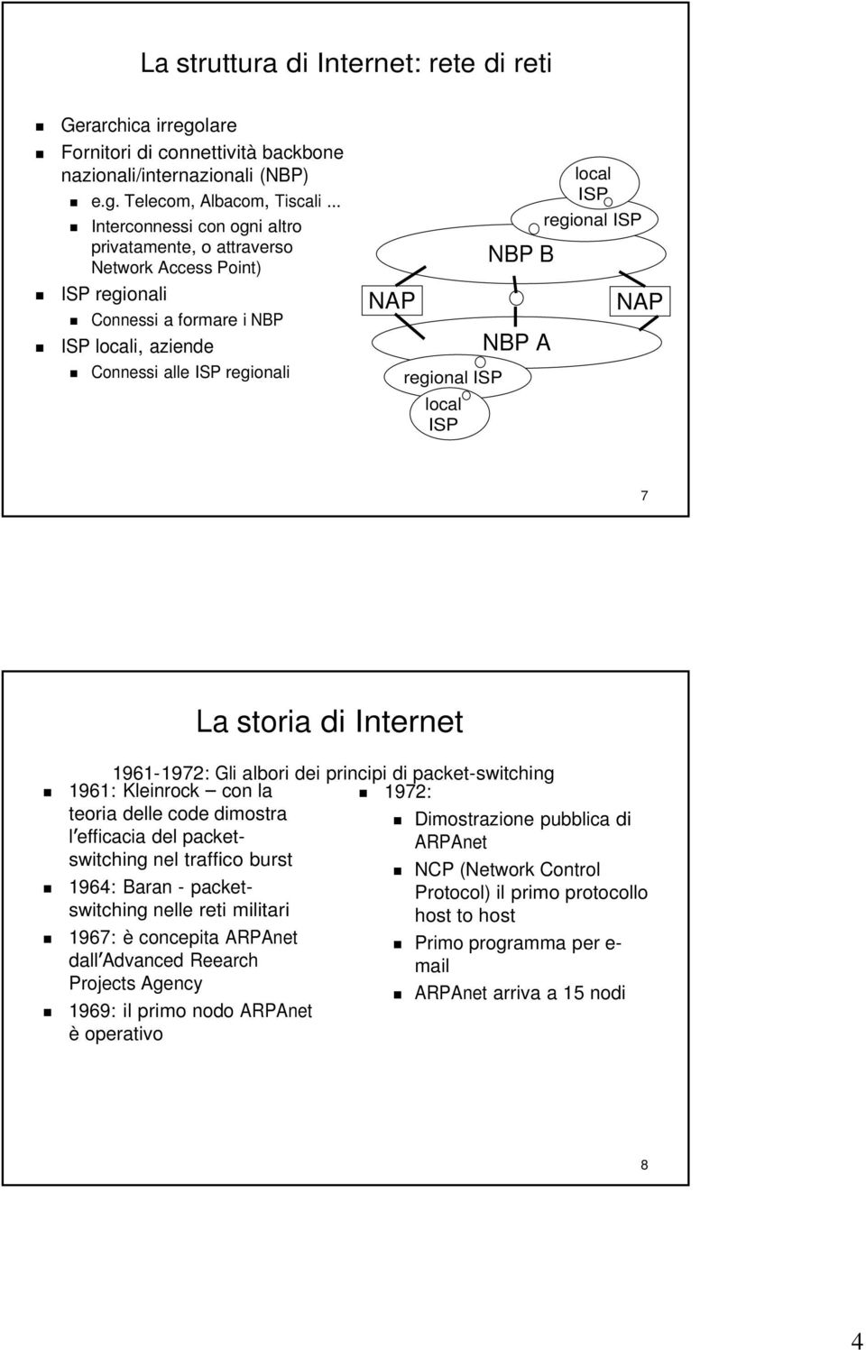 Telecom, Albacom, Tiscali Interconnessi con ogni altro privatamente, o attraverso Network Access Point) ISP regionali Connessi a formare i NBP ISP locali, aziende Connessi alle ISP regionali NAP