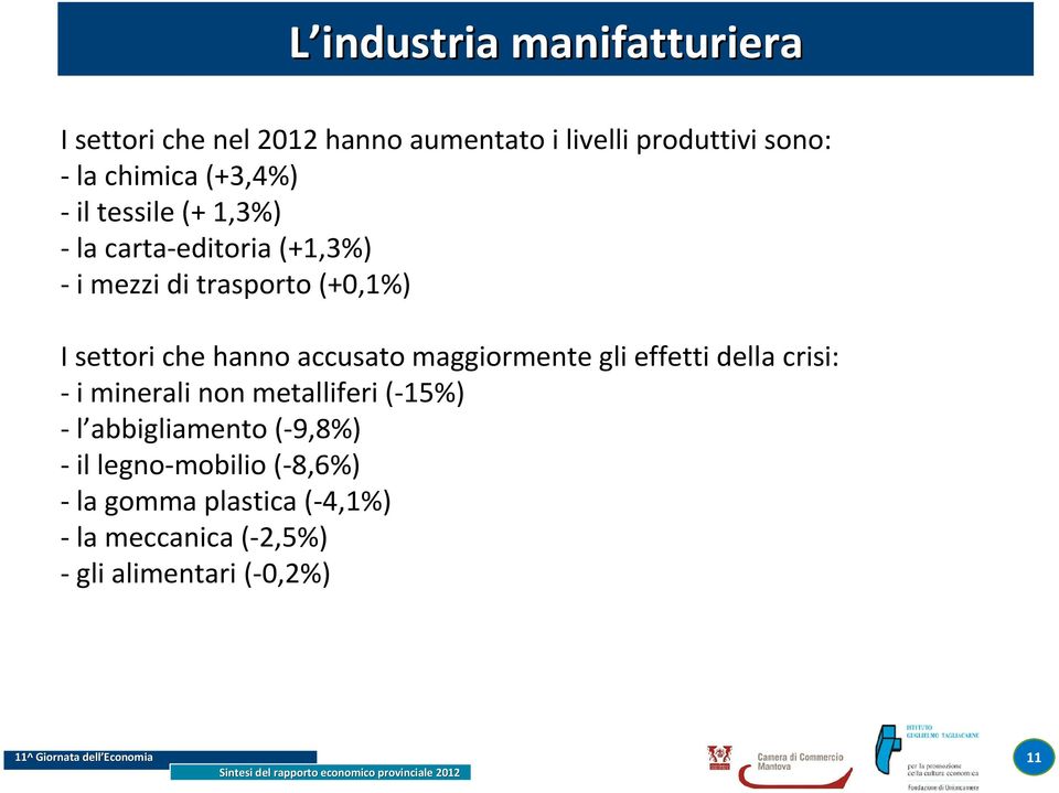 accusato maggiormente gli effetti della crisi: -i minerali non metalliferi (-15%) - l abbigliamento