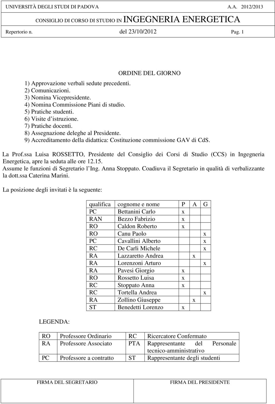 ssa Luisa ROSSETTO, Presidente del Consiglio dei Corsi di Studio (CCS) in Ingegneria Energetica, apre la seduta alle ore 12.15. Assume le funzioni di Segretario l Ing. Anna Stoppato.