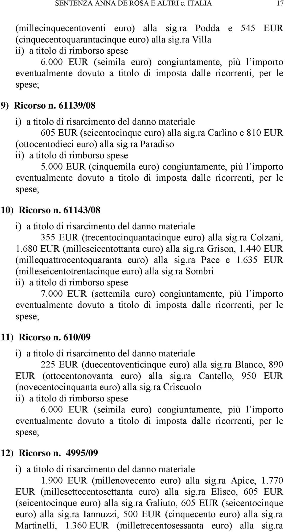61139/08 i) a titolo di risarcimento del danno materiale 605 EUR (seicentocinque euro) alla sig.ra Carlino e 810 EUR (ottocentodieci euro) alla sig.ra Paradiso ii) a titolo di rimborso spese 5.