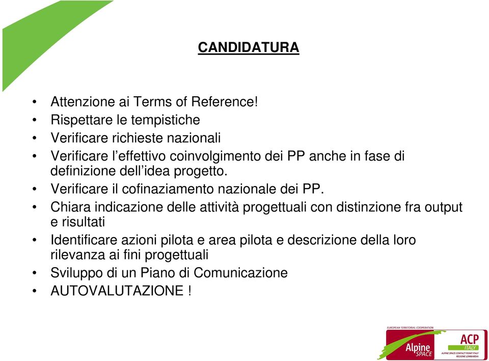 definizione dell idea progetto. Verificare il cofinaziamento nazionale dei PP.