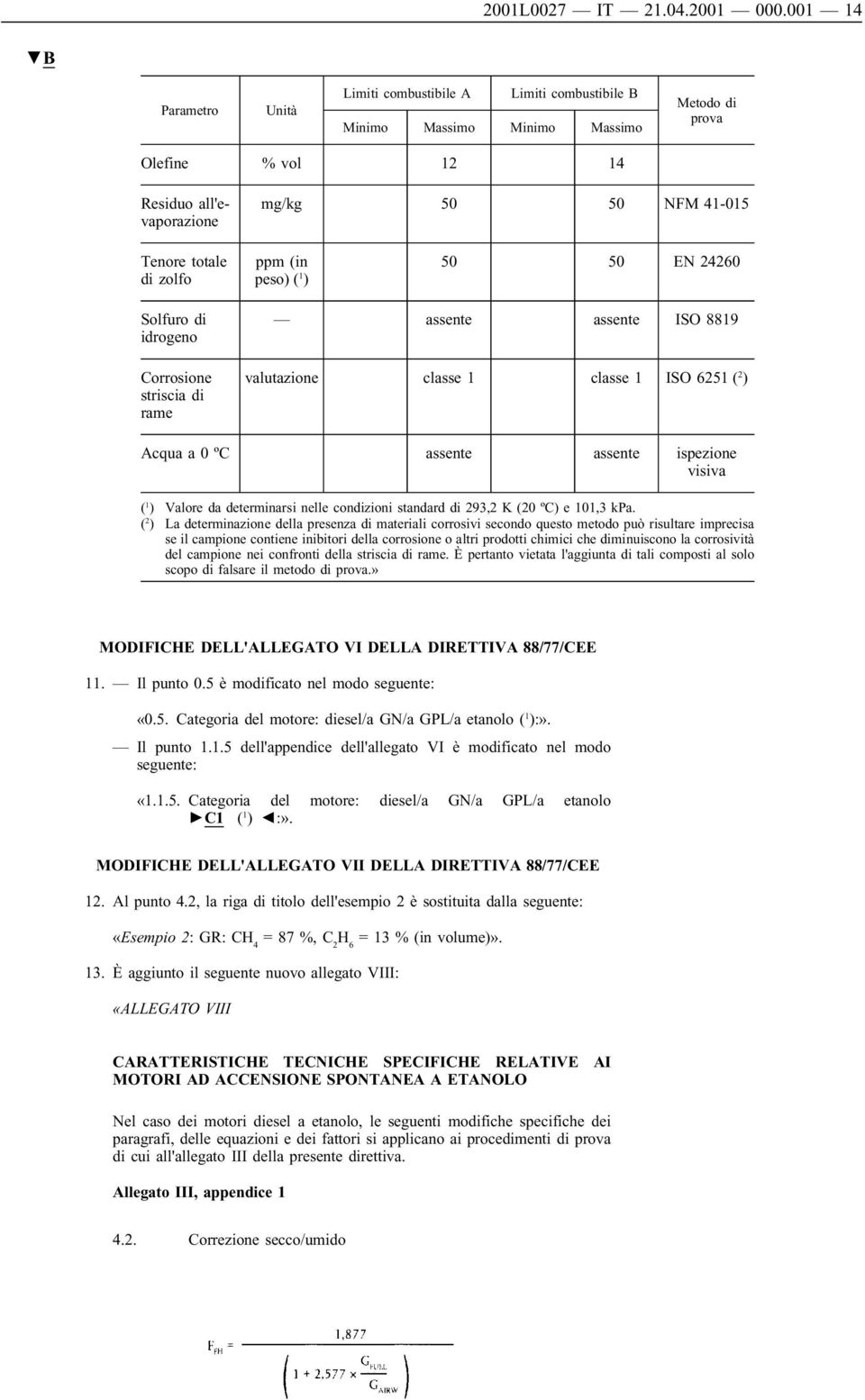 zolfo ppm (in peso) ( 1 ) 50 50 EN 24260 Solfuro di idrogeno Corrosione striscia di rame assente assente ISO 8819 valutazione classe 1 classe 1 ISO 6251 ( 2 ) Acqua a 0 ºCassente assente ispezione