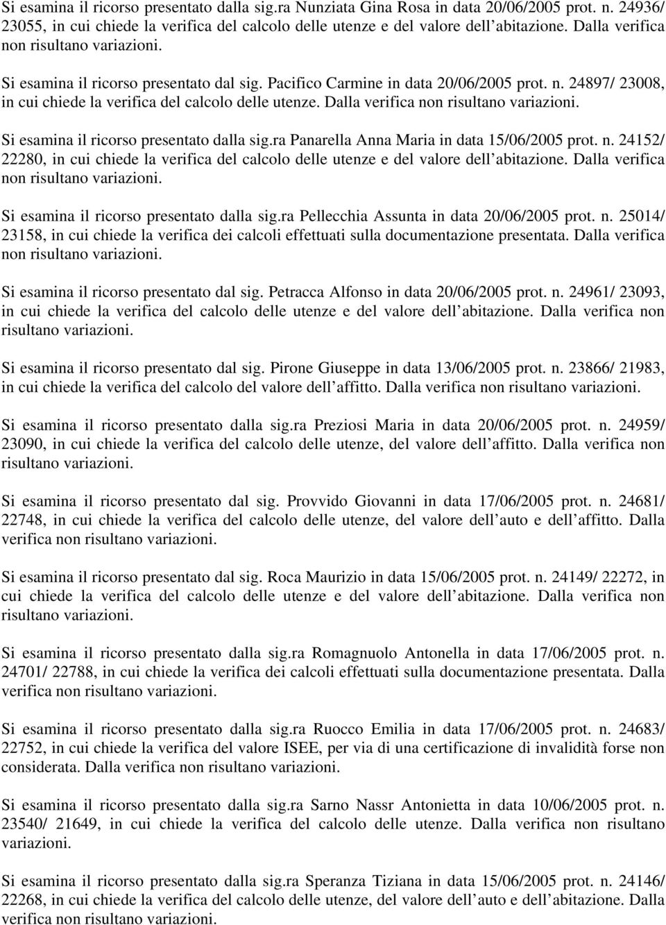 Dalla verifica non Si esamina il ricorso presentato dalla sig.ra Panarella Anna Maria in data 15/06/2005 prot. n. 24152/ 22280, in cui chiede la verifica del calcolo delle utenze e del valore dell abitazione.