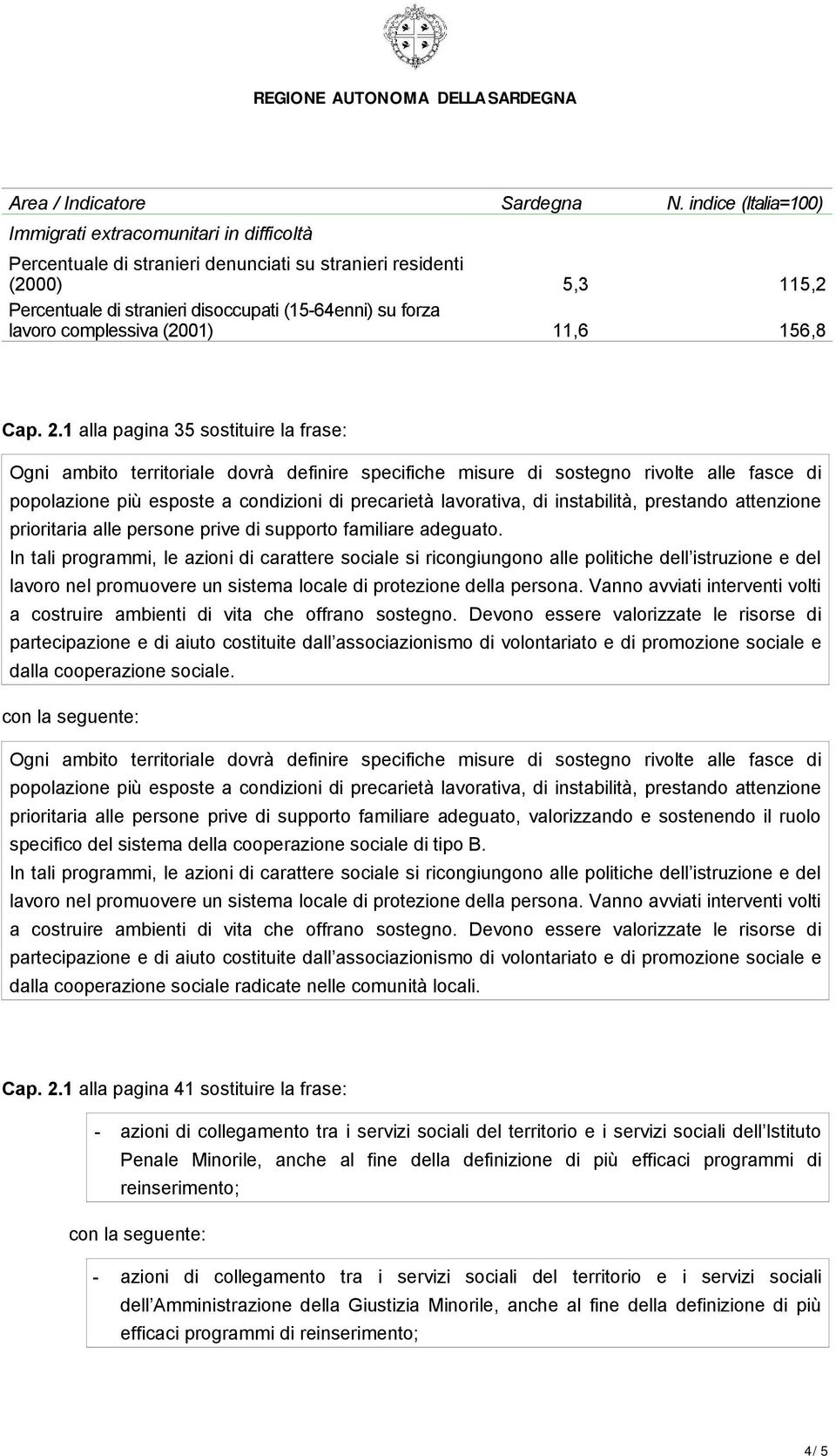 1 alla pagina 35 sostituire la frase: Ogni ambito territoriale dovrà definire specifiche misure di sostegno rivolte alle fasce di popolazione più esposte a condizioni di precarietà lavorativa, di