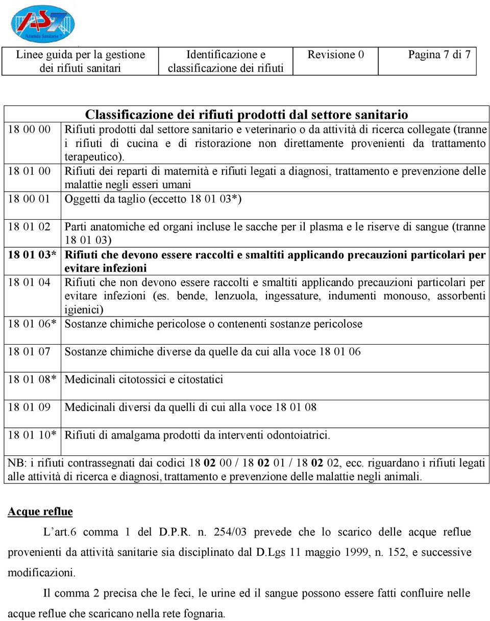 18 01 00 Rifiuti dei reparti di maternità e rifiuti legati a diagnosi, trattamento e prevenzione delle malattie negli esseri umani 18 00 01 Oggetti da taglio (eccetto 18 01 03*) 18 01 02 Parti