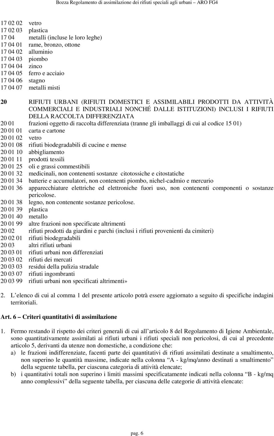 frazioni oggetto di raccolta differenziata (tranne gli imballaggi di cui al codice 15 01) 20 01 01 carta e cartone 20 01 02 vetro 20 01 08 rifiuti biodegradabili di cucine e mense 20 01 10