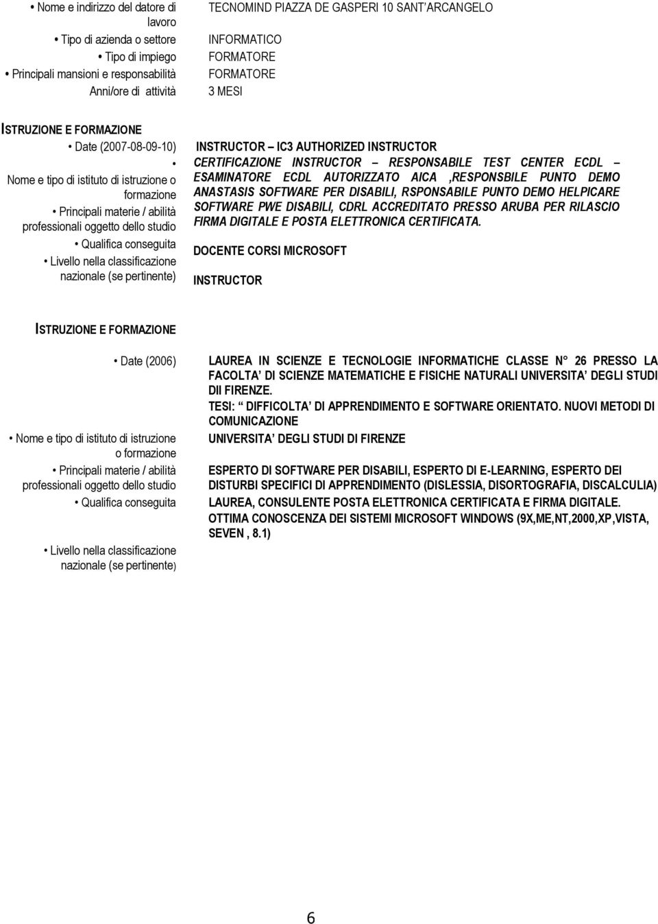 ECDL ESAMINATORE ECDL AUTORIZZATO AICA,RESPONSBILE PUNTO DEMO ANASTASIS SOFTWARE PER DISABILI, RSPONSABILE PUNTO DEMO HELPICARE SOFTWARE PWE DISABILI, CDRL ACCREDITATO PRESSO ARUBA PER RILASCIO FIRMA