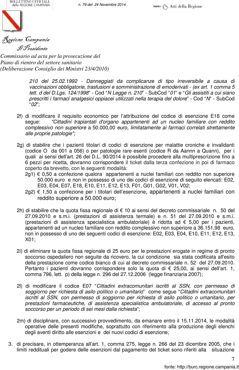 210 - SubCod 01 e Gli assistiti a cui siano prescritti i farmaci analgesici oppiacei utilizzati nella terapia del dolore - Cod N - SubCod 02 ; 2f) di modificare il requisito economico per l