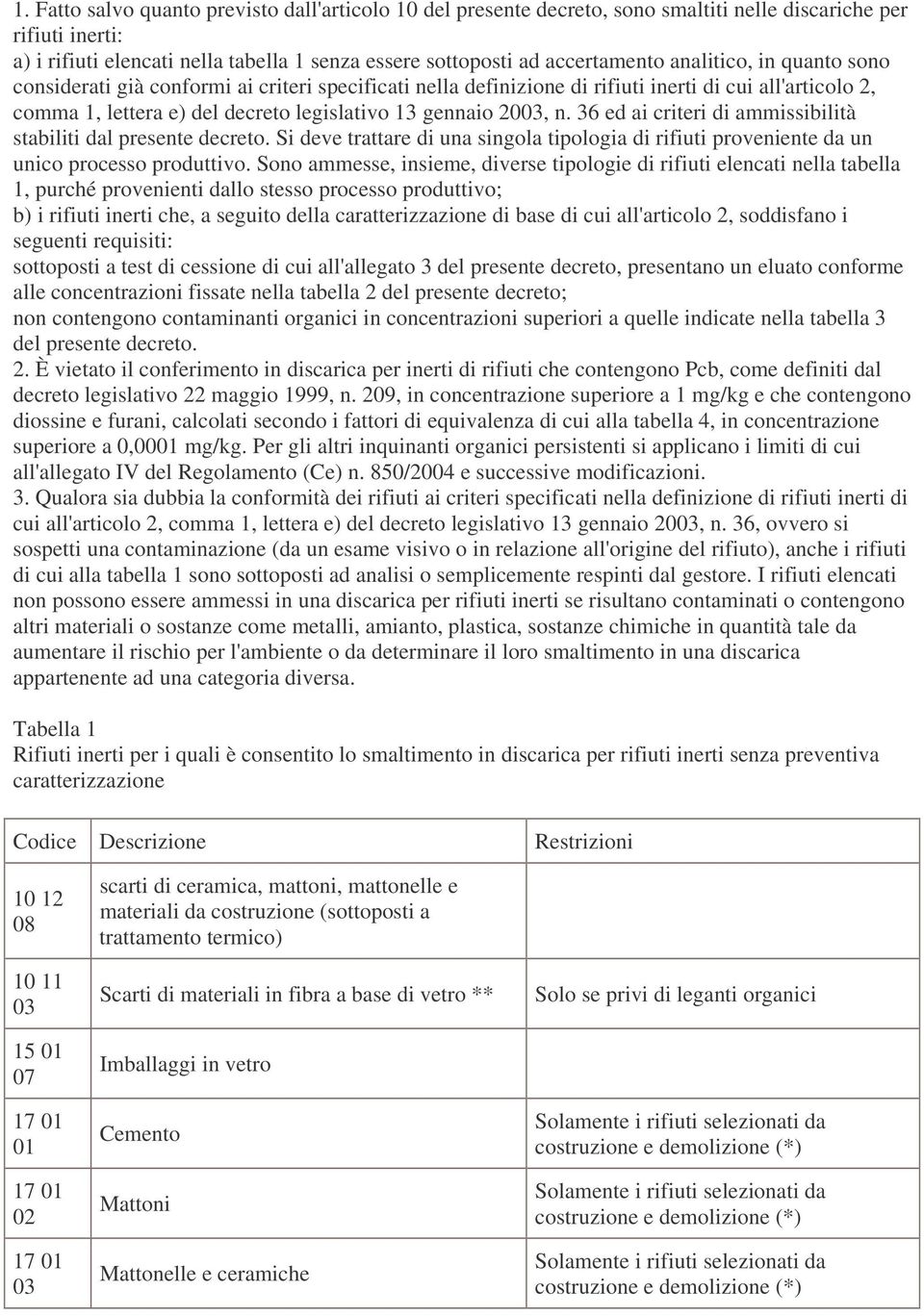 36 ed ai criteri di ammissibilità stabiliti dal presente decreto. Si deve trattare di una singola tipologia di rifiuti proveniente da un unico processo produttivo.