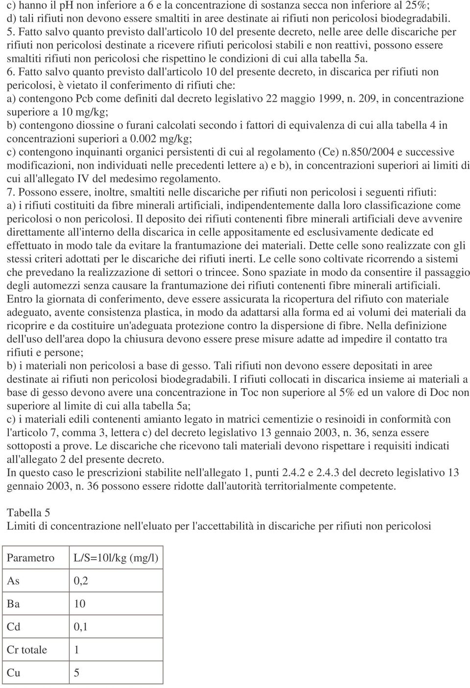 essere smaltiti rifiuti non pericolosi che rispettino le condizioni di cui alla tabella 5a. 6.