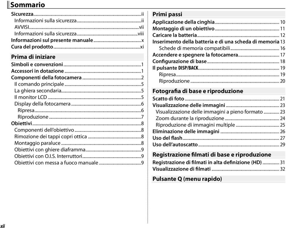 ..5 Display della fotocamera...6 Ripresa...6 Riproduzione...7 Obiettivi...8 Componenti dell obiettivo...8 Rimozione dei tappi copri ottica...8 Montaggio paraluce...8 Obiettivi con ghiere diaframma.